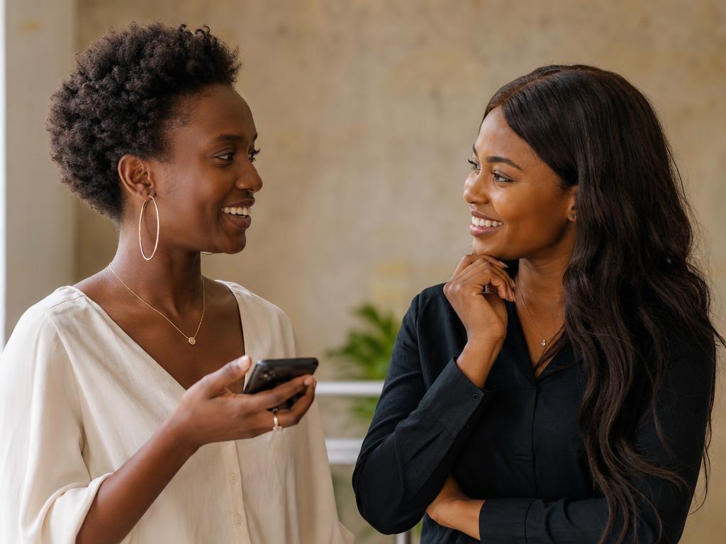 Two African businesswomen smiling while discussing a trade on a phone