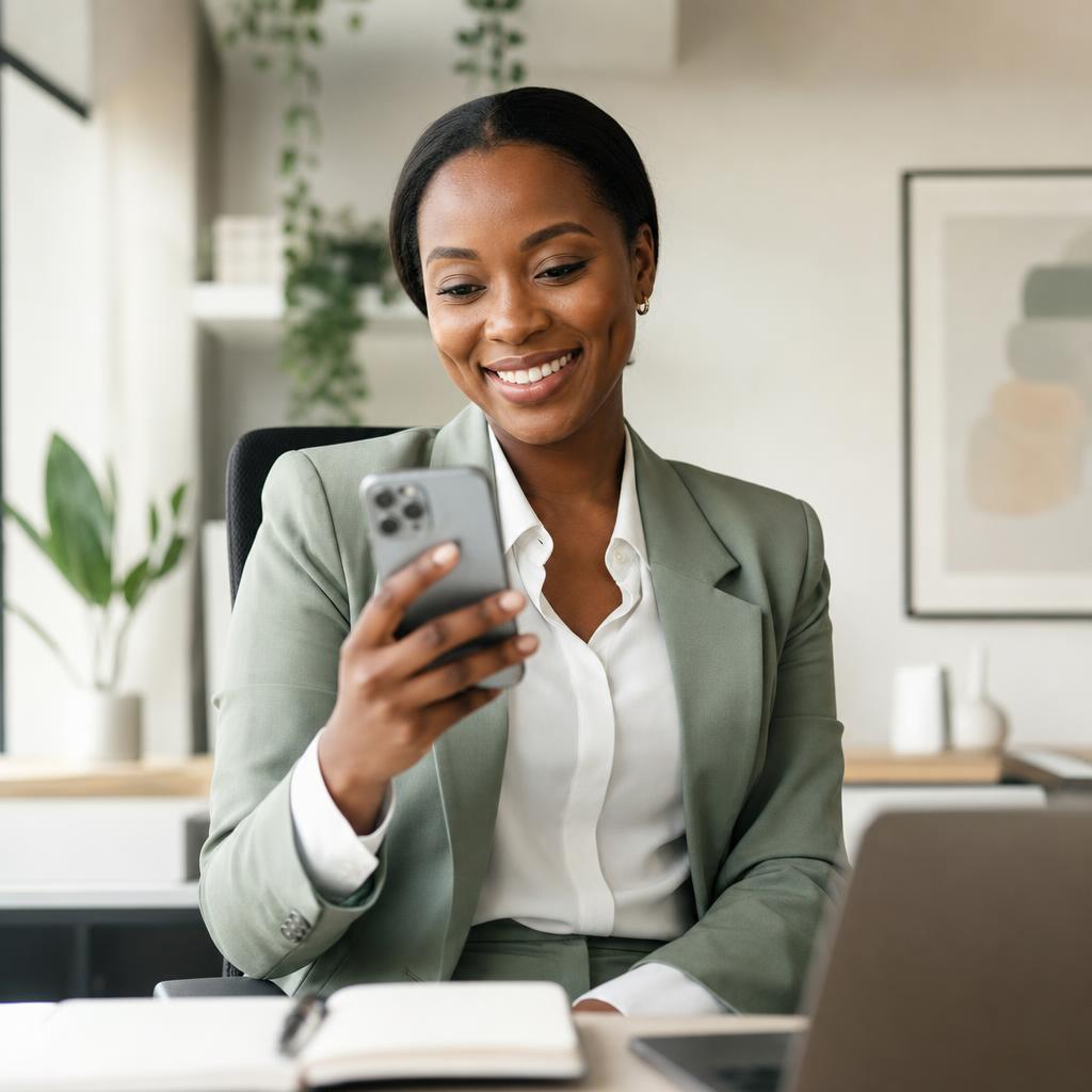 A smiling African businesswoman using her phone to complete a trade